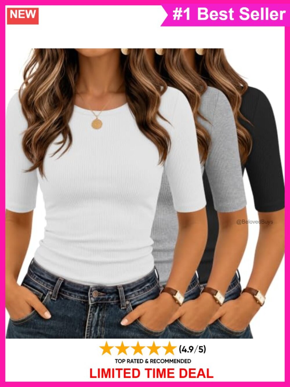 3 Pack Women's Ribbed Short Sleeve Tops Slim Fit Crew Neck Tees